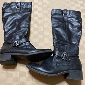 Knee High Black Faux Leather Partial Zip 1.5‎ Heel